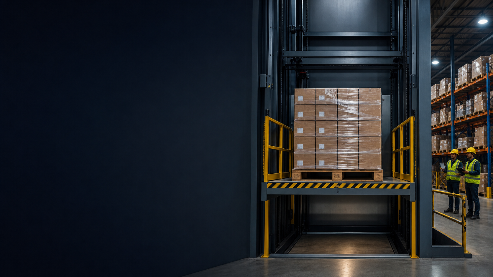 Goods elevator in an industrial warehouse